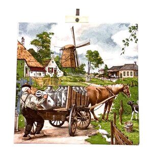 Vintage Royal Schwabap Holland Ceramic Tile "Milk Cart Scene" Farm Village Art